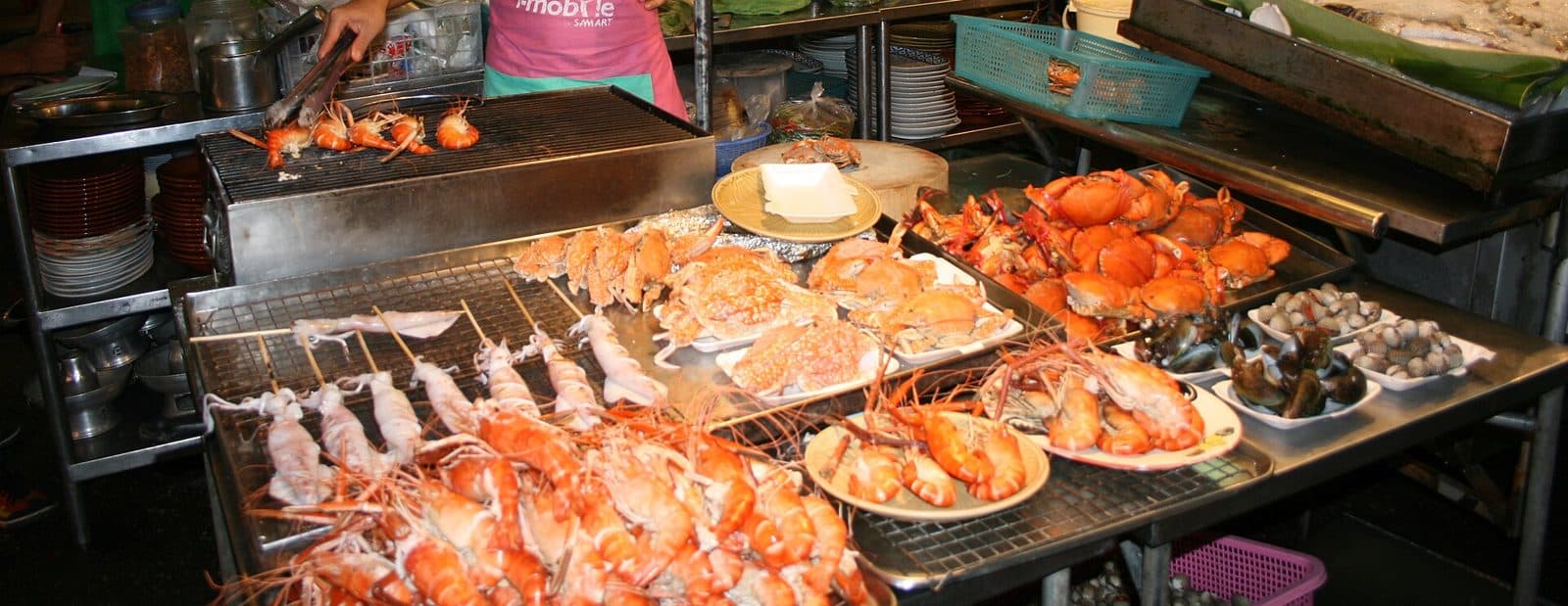 Grilled prawns, crabs and squid at a Hua Hin seafood stall