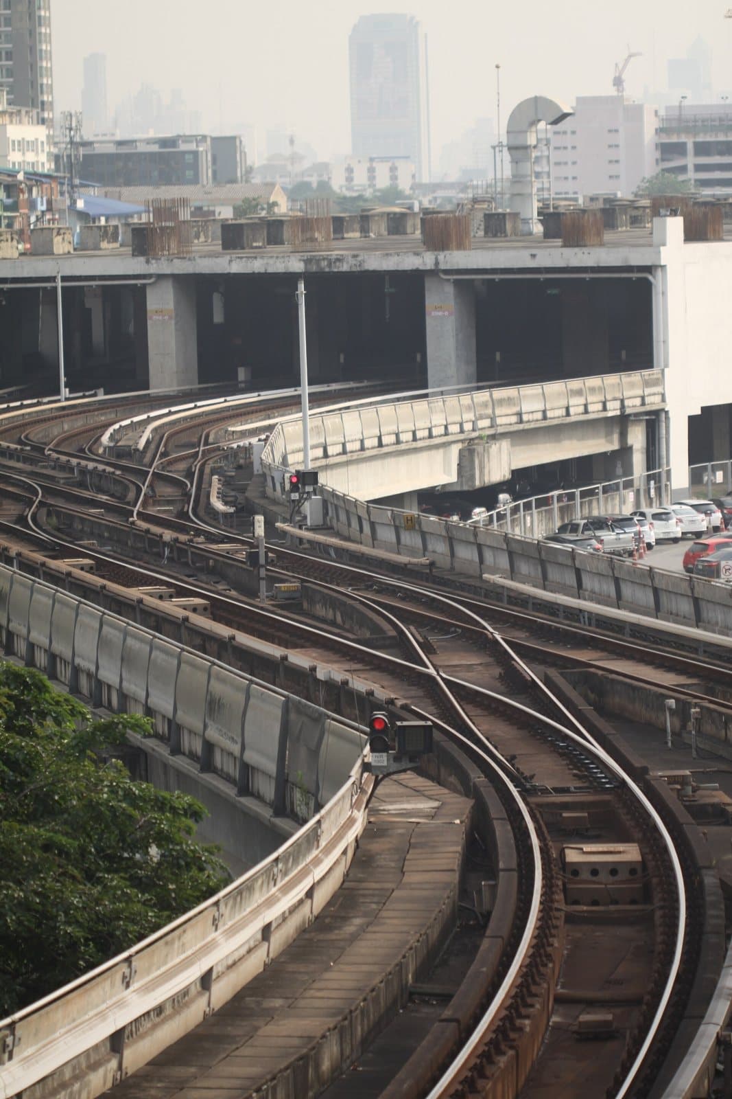 Elevated BTS Skytrain tracks curving through Bangkok