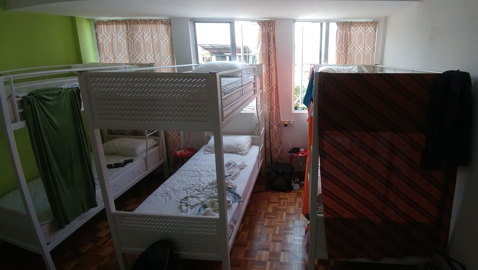 Bunk beds in a hostel dorm room